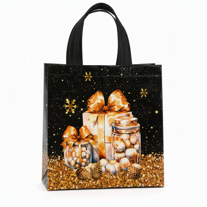 🎄 Black Christmas Non Woven Gift Tote Bag – Gold Foil, Reusable, Sturdy Handles 🎁