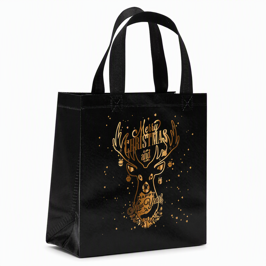 🎄 Black Christmas Non Woven Gift Tote Bag – Gold Foil, Reusable, Sturdy Handles 🎁