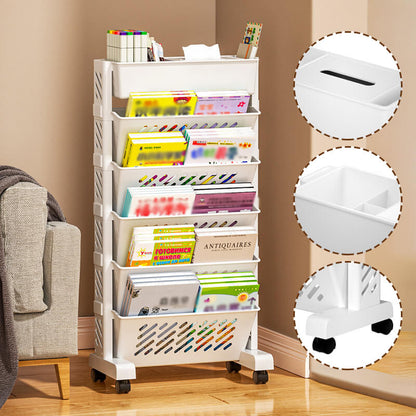 Movable Bookshelf on Wheels: 5/6 Tiers, 45° Angled Shelves, Lockable Casters, Space-Saving Design📚