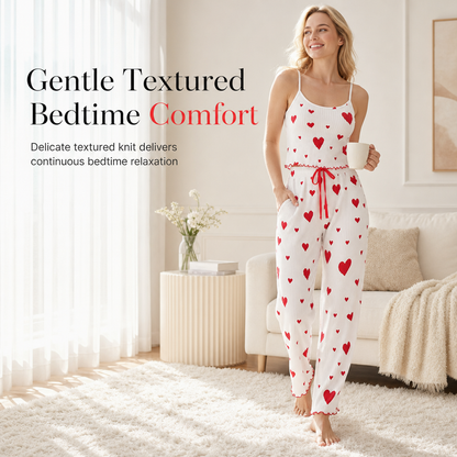 💖Womens 2 Piece Ribbed Pajama Set Heart Print Camisole Top and Long Pants Loungewear